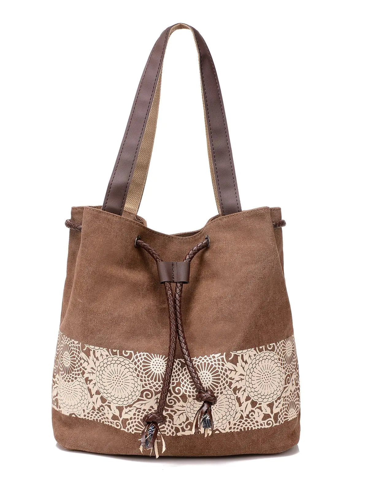 Women Printing Canvas Shoulder Bag Casual Hand Bags Purse Retro Tote Bags (Brown) Medium