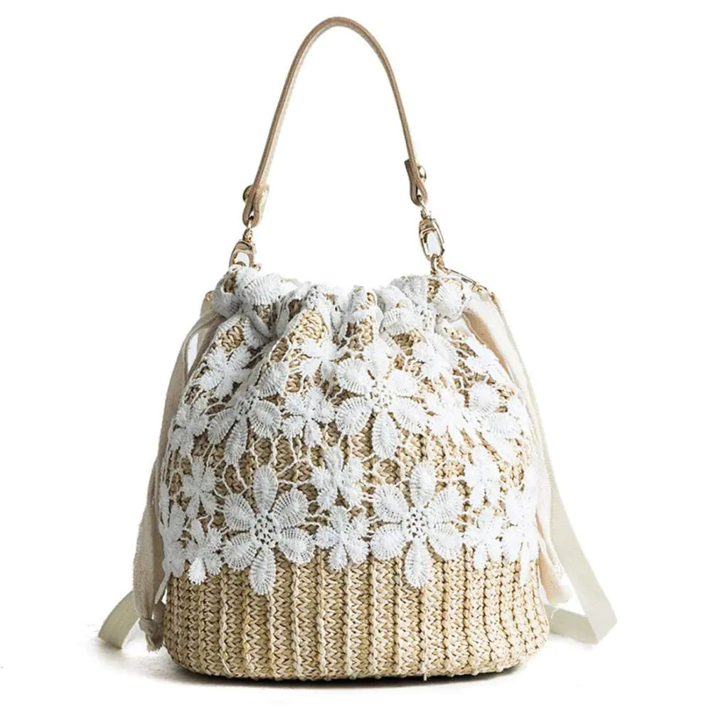 Women Drawstring Straw Bucket Bag Hobo Shoulder Bag Summer Beach Hand Woven Crossbody Bag with Lace Cover